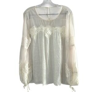 Entro Cream Sheer Lace Bohemian Blouse Long Sleeve Tie Cuffs Women's Size L